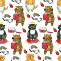 Seamless pattern with adorable fluffy cats, jars of jam and berry