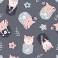 Seamless pattern with adorable foxes in pockets.