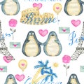 Seamless Pattern With Adorable Kawaii Penguin Bird With Hearts And Love Symbols Isolated On White, Concept For Valentine`s Day