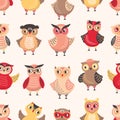 Seamless pattern with adorable owls on white background. Backdrop with cartoon forest birds or cute funny owlets Royalty Free Stock Photo