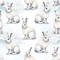 Seamless Pattern of Adorable White Arctic Hares in Snowy Winter Landscape Royalty Free Stock Photo
