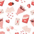 Seamless Pattern Adorned With Romantic Valentine Day Elements Such As Hearts, Flowers, Strawberry And Envelopes