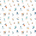 Seamless pattern with adults and children in winter snow suits snowboarding and skiing. Backdrop with male and female Royalty Free Stock Photo