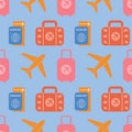 Seamless pattern with aeroplane and baggage. Traveling icons in retro color palette. Travel background in flat design