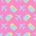 Seamless pattern with aeroplane and ticket, passport. Traveling icons in pop art color. Travel background in flat design