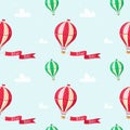 Seamless pattern with aerostats in the sky and clouds. Let`s go travel.Vector pattern. Royalty Free Stock Photo