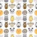 Seamless pattern with african and american animal faces lion, zebra, sloth, giraffe etc