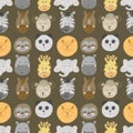 Seamless pattern with african and american animal faces lion, zebra, sloth, giraffe etc