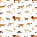 Seamless pattern with African and American animals on white background. Backdrop with wild predators living in savannah