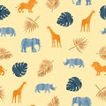 Seamless pattern with African animals silhouettes and tropical leaves Royalty Free Stock Photo