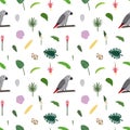 Seamless pattern with african grey parrot Jaco, tropical leaves, flowers and egg.