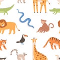 Seamless pattern with African wild tropical animals. Endless repeatable backdrop with monkey, tiger, lion, crocodile Royalty Free Stock Photo