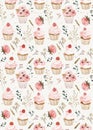Seamless pattern, afternoon tea cupcakes and flowers, watercolorAI Royalty Free Stock Photo