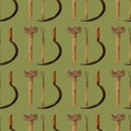 Seamless pattern with agricultural vintage tools on dark green background