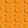 Seamless pattern with agricultural vintage tools on orange background