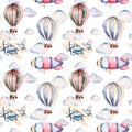 Seamless pattern with air balloons,airship,clouds and the plane in pastel colors.