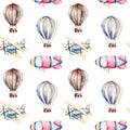 Seamless pattern with air balloons,airship and the plane in pastel colors.