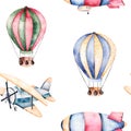 Seamless pattern with air balloons,airship and the plane in pastel colors.