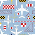 Seamless pattern with airplanes and aerodrome signs Royalty Free Stock Photo