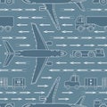 Seamless pattern with airplanes and airport vehicles on gray background