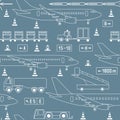 Seamless pattern with airplanes, airport vehicles on gray background Royalty Free Stock Photo