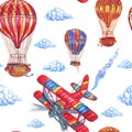 Seamless pattern of airplanes, balloons and clouds, hand-drawing.