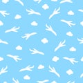 Seamless pattern with airplanes and clouds. Vector air transportation. Royalty Free Stock Photo