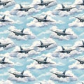 Seamless Pattern of Airplanes Flying Through Clouds Royalty Free Stock Photo