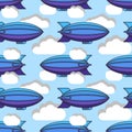 Seamless pattern with airships and clouds. Flat style vector illustration Royalty Free Stock Photo