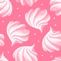 seamless pattern with airy french cookies meringues, marshmallow, zephyr. Pink vector in graphic vintage retro style