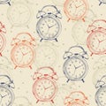 Seamless pattern with alarm clocks in vintage