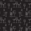 Seamless pattern with alcohol drinks. Black background.Glasses for wine, champagne and martini. Royalty Free Stock Photo