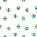 Seamless pattern with Aliens green heads in doodle flat style. Humanoids, visitors, Martians. Vector illustration