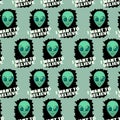 Seamless pattern with Aliens green heads and lettering - I want to believe. Smiling visitors, Martians. Vector illustration,