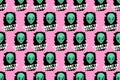 Seamless pattern with Aliens green heads and lettering - I want to believe. Smiling visitors, Martians. Vector illustration,