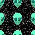 Seamless pattern with Aliens green heads and stars. Smiling visitors, Martians. Vector illustration, wallpaper on theme of space,