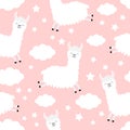 Seamless Pattern. Alpaca llama jumping. Cloud star in the sky. Cute cartoon kawaii funny smiling baby character. Wrapping paper,