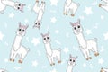 Seamless Pattern. Alpaca llama sleep, standing and jumping. Star in the sky. Cute cartoon kawaii funny smiling baby Royalty Free Stock Photo