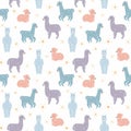 Seamless Pattern. Alpaca llama sleep, standing and jumping. Star in the sky Royalty Free Stock Photo