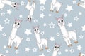Seamless Pattern. Alpaca llama sleep, standing and jumping. Star in the sky. Cute cartoon kawaii funny smiling baby Royalty Free Stock Photo
