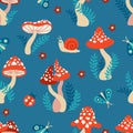 Seamless pattern of amanita mushrooms. Hand drawn vector illustration of red amanita in a cartoon style on a dark green