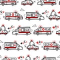 Seamless pattern ambulance is in a hurry to help. Cute childrens illustration in Scandinavian style. Lettering siren