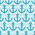 Seamless pattern with anchor on blue wave background.