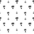 Seamless pattern with anchor and coconut palm tree island. Tropical wallpaper background. Vector Illustration