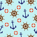 Seamless pattern with anchor, rudder and lifebuoy. Cute nautical template for fabric, baby clothes, background, textile