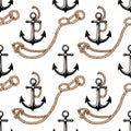 Seamless pattern with anchors and ropes nautical theme Royalty Free Stock Photo
