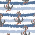 Seamless pattern with anchors on striped background. Modern print for fabric, textiles, wrapping paper