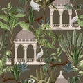 Seamless pattern with ancient arbor and herons in the jungle. Vector.