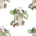 Seamless pattern with ancient arbor and wild animals in the jungle. Vector.