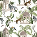 Seamless pattern with ancient arbor and wild animals in the jungle. Vector.